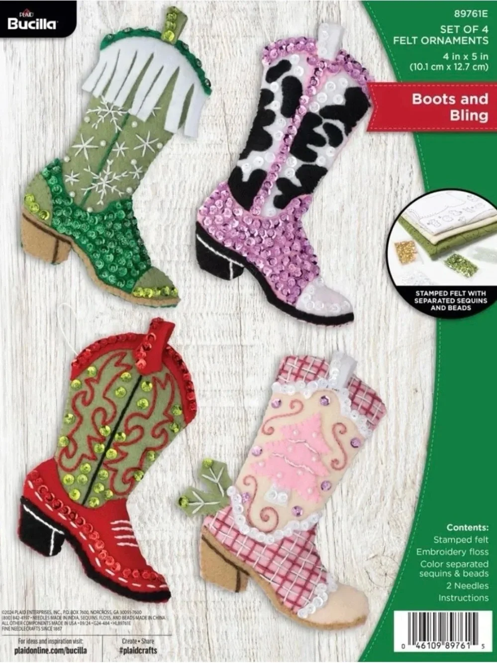 Bucilla Boots and Bling Set of 4 Felt Ornaments